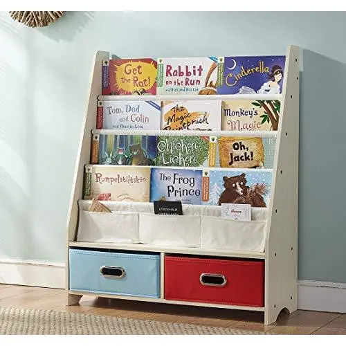 SEIRIONE Kids Book Rack, 4 Sling Bookshelf, 2 Storage Boxes and Toys Organizer Shelves, Beige SEIRIONE Kids Book Rack, 4 Sling Bookshelf, 2 Storage Boxes and Toys Organizer Shelves, Beige