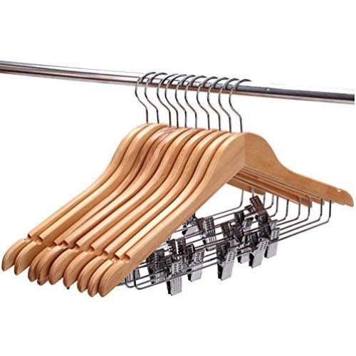 5pcs 44cm Wooden Suit Hangers with Polished Clips and Hooks, Natural Wood, Wooden Clothes Hangers