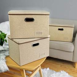 Ihoming Storage Cubes 3 Pack Khaki Large Linen Fabric Foldable Storage Container with Handles and Removable Lid Storage Bin Boxes Organizer for Home, Office, Nursery, Closet, Bedroom, Living Room