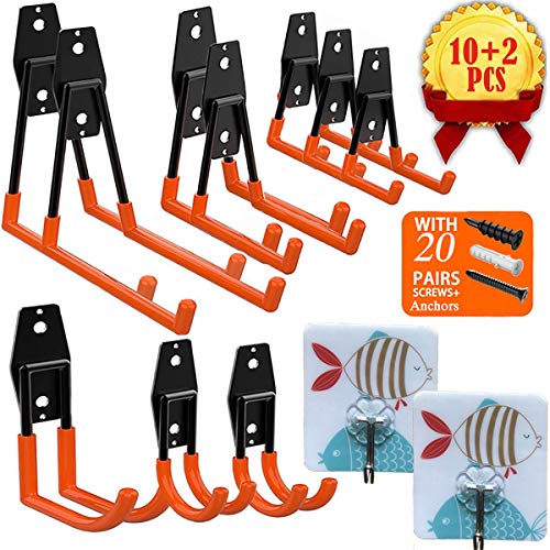 Garage Storage Utility Hooks, UNIHAO Tool Hangers Steel Heavy Duty Hooks Wall Mount Tool Holder Garden Organizer for Hanging Power Tools, Ladders, Ropes, Bikes Hanger, 10 Pcs with 2 Pcs Wall Hooks