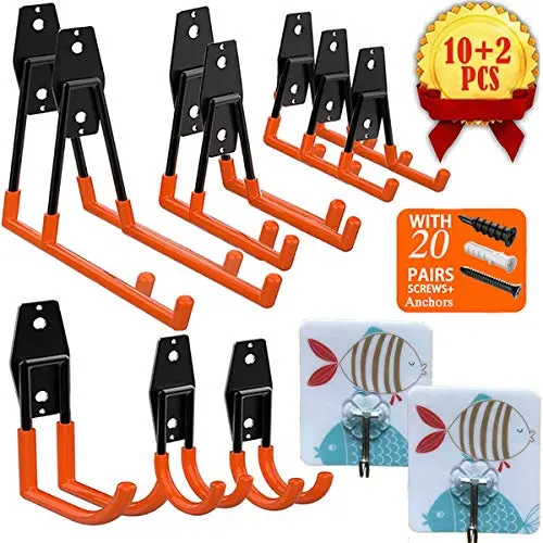 Garage Storage Utility Hooks, UNIHAO Tool Hangers Steel Heavy Duty Hooks Wall Mount Tool Holder Garden Organizer for Hanging Power Tools, Ladders, Ropes, Bikes Hanger, 10 Pcs with 2 Pcs Wall Hooks