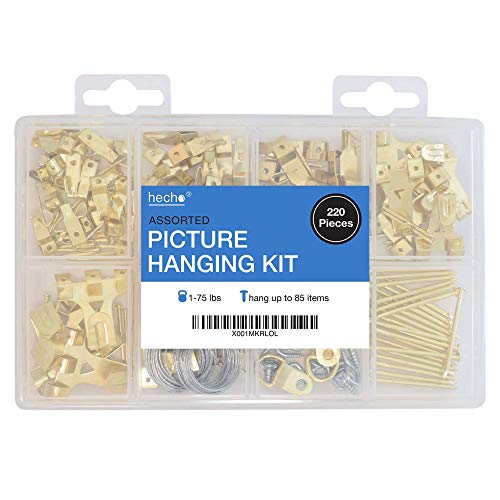 Assorted Picture Hanging Kit | 220 Piece Assortment with Wire, Picture Hangers, Hooks, Nails and Hardware for Frames