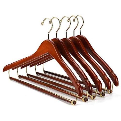 Nature Smile Contoured Wooden Hangers Sturdy Wood Suit Coat Hangers with Locking Bar Chrome Hook Pack of 5 (Cherry)