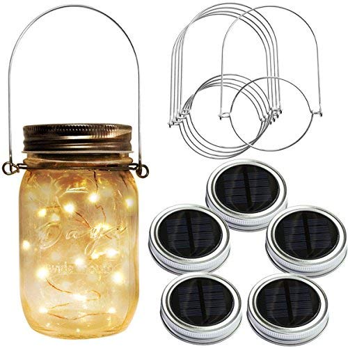 Homeleo 5-Pack Warm White Solar Mason Jar Lid Insert w/Stainless Steel Hangers, Solar Powered LED Mason Jars Light Up Lid Set(Jars NOT Included)