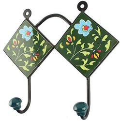 Indianshelf Handmade 1 Artistic Vintage Green Ceramic Floral Key Hooks Tile Hanger/Key Holder for Wall Decorative