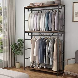 Tribesigns Double Rod Closet Organizer, Free Standing 3 Tiers Shelves Clothes Garment Racks, Large Heavy Duty Clothing Storage Shelving Unit for Bedroom Laundry Room, Vingate Walnut Finsh & Metal Fram