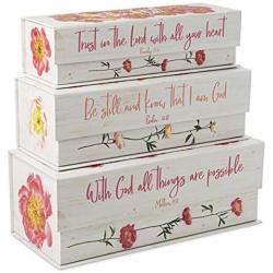 Tri-Coastal Design Set of 3 Nesting Hinged Lid Storage Boxes - Decorative Treasure Chest Stackable Themed Paperboard Containers with Magnetic Tab Clasp - Inspirational Phrases