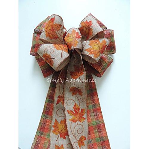 Burnt Orange Fall Leaves Bow Thanksgiving wreath Bow Orange Brown Fall Door Wreath Bow Orange Brown fall Wired Ribbon Bow Fall Plaid Door Hanger Bow