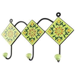 Indianshelf Handmade 1 Artistic Vintage Green Ceramic Floral Key Hooks Tile Hanger/Clothes Hooks for Doors