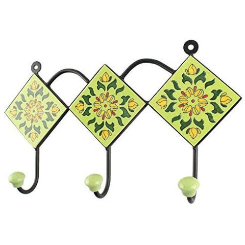 Indianshelf Handmade 1 Artistic Vintage Green Ceramic Floral Key Hooks Tile Hanger/Clothes Hooks for Doors