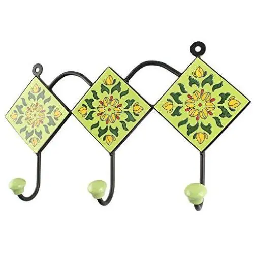 Indianshelf Handmade 1 Artistic Vintage Green Ceramic Floral Key Hooks Tile Hanger/Clothes Hooks for Doors