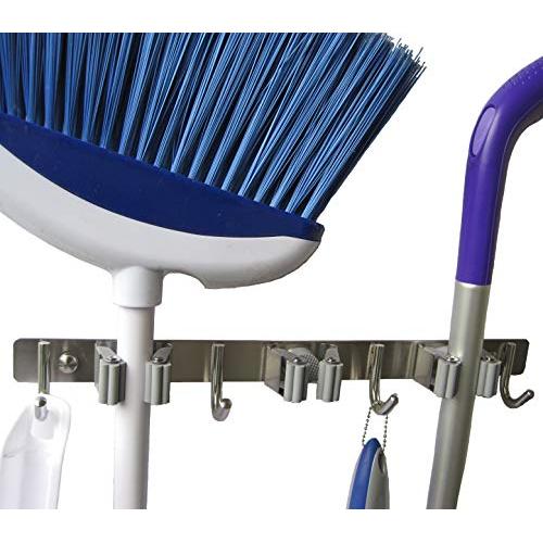 MYBROOMHOLDER Wall Mount Broom Holder - Organizer Stainless Steel (3 Handle and 4 Hook) for Mop Dustpan Closet Tool Storage Utility Rack Kitchen Cabinet Door Hanger
