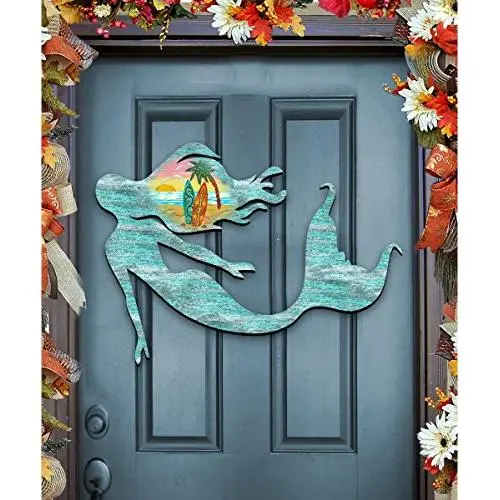 G.DeBrekht Mermaid Scenic Sunrise Beach Coast Waves, Palm Tree Wooden Door Hanger - Wall hanger #8198514H