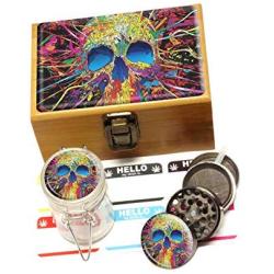 Herb Stash Boxes Set All in One Combo, Metal Grinder, Storage Jar, label- Skull (Skull)