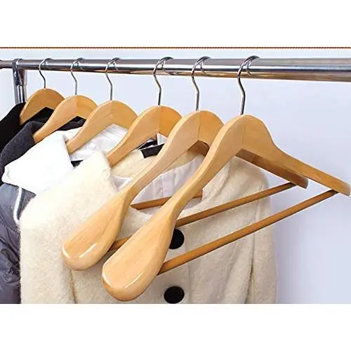 JS HANGER Suit Hanger Wide Shoulder Wooden Coat Hanger with Non Slip Pants Hanger - Natural, Set of 6