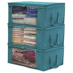 Sorbus Foldable Storage Bag Organizers, Large Clear Window & Carry Handles, Great for Clothes, Blankets, Closets, Bedrooms, and More (3-Pack, Aqua)