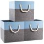 Prandom Large Foldable Cube Storage Bins 13x13 inch [3-Pack] Fabric Linen Storage Baskets Cubes Drawer with Cotton Handles Organizer for Shelves Toy Nursery Closet Bedroom Blue
