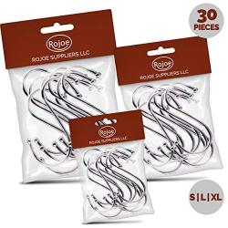 ROJOE S Hooks for Kitchen Hanging Pots and Pans - Durable Stainless Steel Utility Hangers for Clothes, Plants, Tools, and Utensils - 30 pack (10 each of Small, Large, Extra Large)