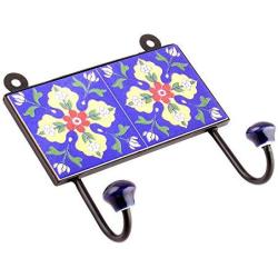 Indianshelf Handmade 3 Artistic Vintage Blue Ceramic Tiny Flower Clothes Hooks Tile Hanger/Utlility Hooks