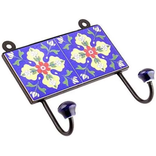 Indianshelf Handmade 3 Artistic Vintage Blue Ceramic Tiny Flower Clothes Hooks Tile Hanger/Utlility Hooks Indianshelf Handmade 3 Artistic Vintage Blue Ceramic Tiny Flower Clothes Hooks Tile Hanger/Utlility Hooks
