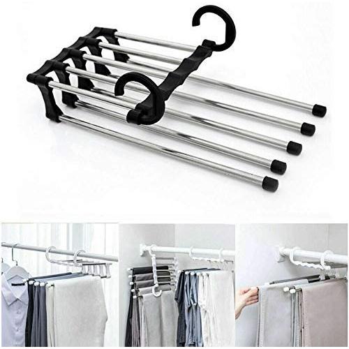 5pcs Random Color Fashion 5 in 1 Pant Rack Shelves Stainless Steel Clothes Hangers Multi-Functional Wardrobe Magic Hanger Decoration