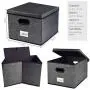 homyfort Collapsible File Storage Boxes Bins with Removable Lids,Portable Office Document Organizer,Decorative Boxes with Plastic Handles,Large Black with Grid Printing Set of 4