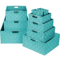 Sorbus Storage Boxes Woven Basket Bin Container Tote Cube Organizer Set Stackable Storage Basket Woven Strap Shelf Organizer Built-in Carry Handles (Aqua)