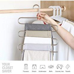 Evanee S-Shape Stainless Steel 5 Layer Clothes Hangers for Space Saving Storage for Pants Jeans Scarf Hanging Non Slip [4 Pack]