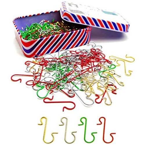Hyamass 200Pcs Xmas Ornament Hooks Metal Wire Hooks Mini Hangers Stainless Steel S-Shaped Hangers Ornament Hangers with Storage Boxes for Christmas Tree Decoration DIY Craft(Gold, Silver, Red and Green)