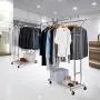 Bextsware Clothes Garment Rack On Wheels, Expandable Double Rails Heavy Duty Commercial Grade Hanging Clothes Organizer Stand Clothing Rack with Mesh Bottom Shelves for Boxes Shoes Storage, Chrome