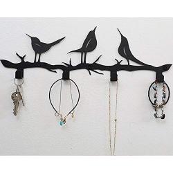 4 Hooks Wall Mounted Hanger, Holder for Towels, Keys, Coats, Hats, Robes and Clothes with Bird Décor (Black)