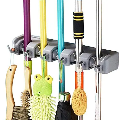 SAVICOS Mop and Broom Holder, Multipurpose Wall Mounted Heavy Duty Tool Organizer Storage Hooks,Ideal Broom Hanger for Kitchen Garden and Garage Laundry Room,5 Position with 6 Hooks