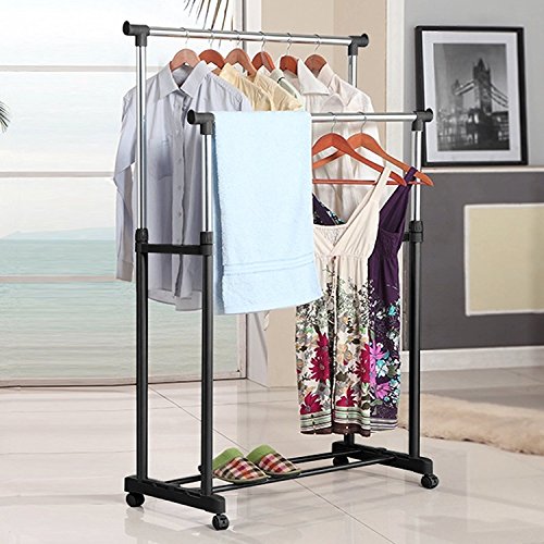 Kaluo Foldable Adjustable Clothes Drying Rack Hanger Double Pole Rail Rod with Shoe Rack and 4 360 degree wheels(2 with lock),US Stock