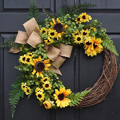 Yellow Sunflower and Boxwood Grapevine Wreath with Green Ferns and Burlap Bow for Summer Fall Farmhouse Front Door Decor; Personalized Monogram Option