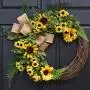 Yellow Sunflower and Boxwood Grapevine Wreath with Green Ferns and Burlap Bow for Summer Fall Farmhouse Front Door Decor; Personalized Monogram Option