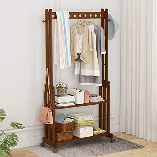 ZHEN GUO Bamboo Garment Rack Coat Tree Free Standing, Hallway Coat and Shoe Rack On Wheels with 2 Tier Storage Shelves, Clothes Hanger Hat Holder for Home and Office (Size : 70cm)