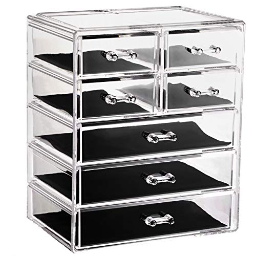 Makeup Organizer Acrylic Cosmetic with 7 Storage Drawers and Jewelry Display Boxes One-piece