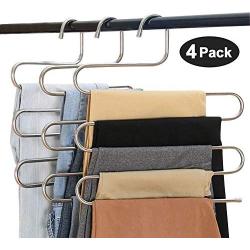 Eityilla S Type Clothes Pants Hangers Stainless Steel Space Saving Hangers 5 Layers Closet Storage Organizer for Jeans Trousers Tie Belt Scarf (4-Pieces)