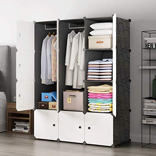 KOUSI Portable Wardrobe Closets 14&quotx18" Depth Cube Storage, Bedroom Armoire, Storage Organizer with Doors, 6 Cubes + 2 Hangers