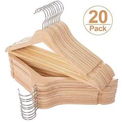 Elong Home Solid Wooden Hangers 20 Pack, Wood Suit Hangers with Extra Smooth Finish, Precisely Cut Notches & Chrome Swivel Hook, Wooden Clothes Hangers for Shirt Coat Jacket Dress