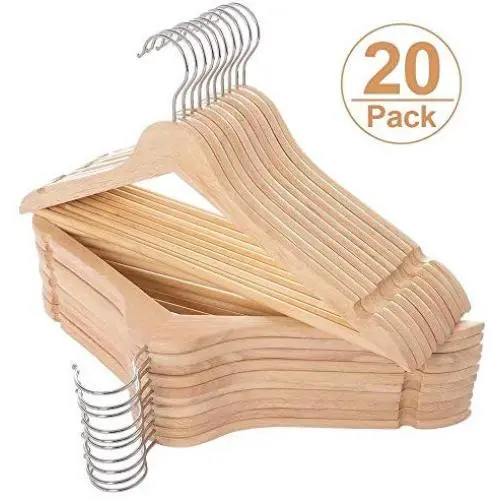 Elong Home Solid Wooden Hangers 20 Pack, Wood Suit Hangers with Extra Smooth Finish, Precisely Cut Notches & Chrome Swivel Hook, Wooden Clothes Hangers for Shirt Coat Jacket Dress