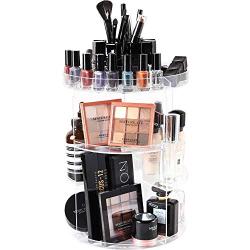 SUNFICON Rotating Makeup Organizer Cosmetic Holder 360 Degree Spining Makeup Storage Boxes Display Stand Adjustable Tray for Vanity Bathroom Bedroom Closet Large Acrylic Clear