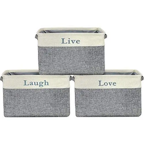 Sorbus Storage Basket Set [Pack 3] Large 15 x 10 x 9 Live Laugh and Love, Big Rectangular Fabric Collapsible Organizer Bins with Carry Handles for Easy Use (Storage Grey Bins - Lowercase Text)