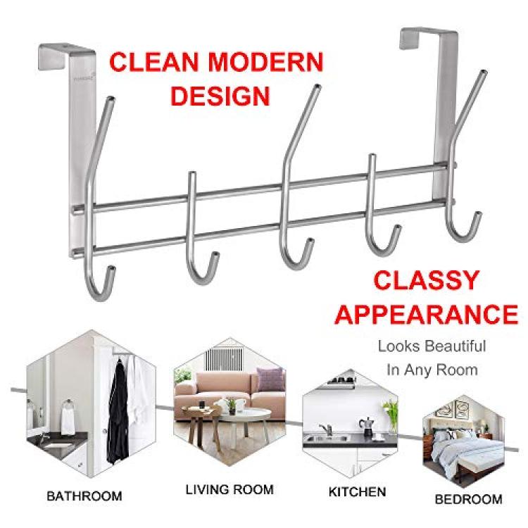 YUMORE Over The Door Hooks, SUS304 Stainless Steel Heavy Duty Door Hanger  for Coats Robes Hats Clothes Towels, Hanging Towel Rack Organizer, Easy