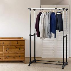 Modern Double Rail Garment Storage Rack, Expandable Rolling Clothes Hanger, Black