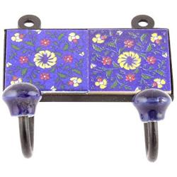 Indianshelf Handmade 1 Artistic Vintage Blue Ceramic Wheel Flower Key Hooks Holders/Key Hooks Wall Tile Mounted