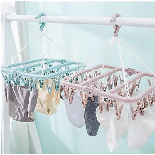 3pcs Color Random Multifunctional Drying Rack Sock Holder 32 Clips Portable Socks Cloth Hanger Rack Clothespin Wardrobe Storage Cloth Hangers