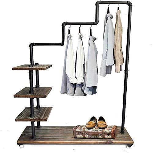 LARRY SHELL Industrial Pipe Clothing Rack, Pine Wood Shelving Shoes Rack Cloth Hanger, with Locking Wheels, Durable and Long Lasting, for Retail Store,Laundry Room