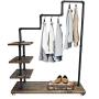 LARRY SHELL Industrial Pipe Clothing Rack, Pine Wood Shelving Shoes Rack Cloth Hanger, with Locking Wheels, Durable and Long Lasting, for Retail Store,Laundry Room