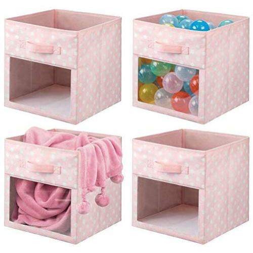 mDesign Soft Fabric Closet Storage Organizer Cube Bin Box, Clear Window and Handle - for Child/Kids Room, Nursery, Playroom, Furniture Units, Shelf - 11" High, 4 Pack - Pink/White Polka Dots